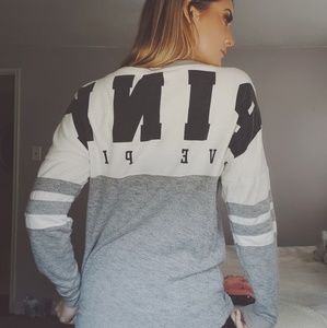 VS PINK Varsity Sweater in Grey and White.
